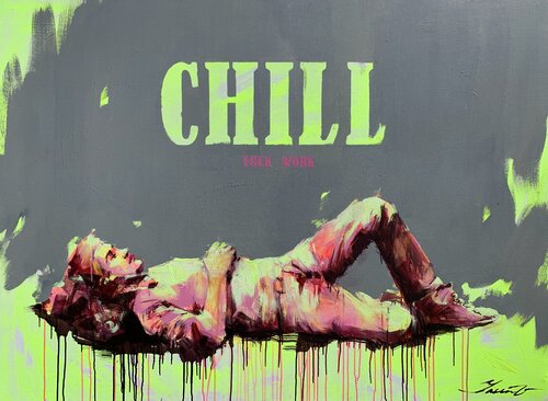 XXXL Bright Painting - "CHILL" - Expressive - Man - Portrait - Pop Art - Grey&Pink - Huge artwork Yaroslav Yasenev