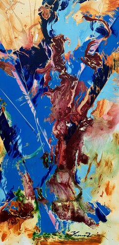 Abstract painting - "Chinese dragon" - Abstraction - Geometric - Space abstract - Big painting - Bright abstract - Blue&Yellow - Red&Orange von Yaroslav Yasenev, Malerei kaufen auf Singulart