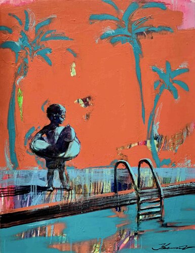 Bright summer painting - "Small swimmer" - Pop Art - Pool - Palms - Landscape - California - Nature - Orange&Blue par Yaroslav Yasenev, Peinture en vente sur Singulart