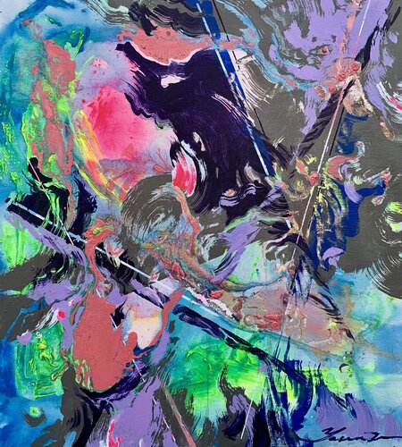 Abstract painting - "Pink lake" - Abstraction - Geometric - Space abstract - Bright abstract - Grey&Purple - Green&Blue Yaroslav Yasenev