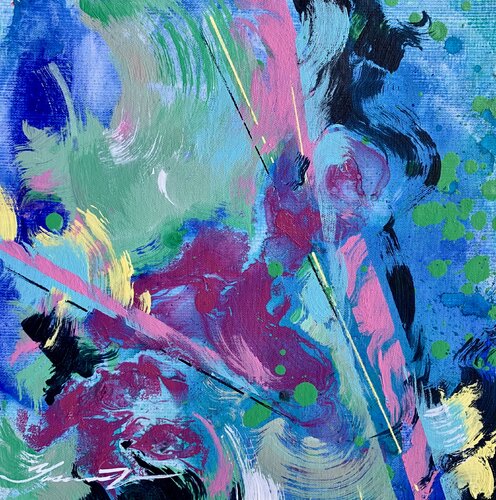Abstract painting - "Blue reflection" - Abstraction - Geometric - Space abstract - Small painting - Bright abstract - Blue and Pink van Yaroslav Yasenev, Schilderij te koop op Singulart