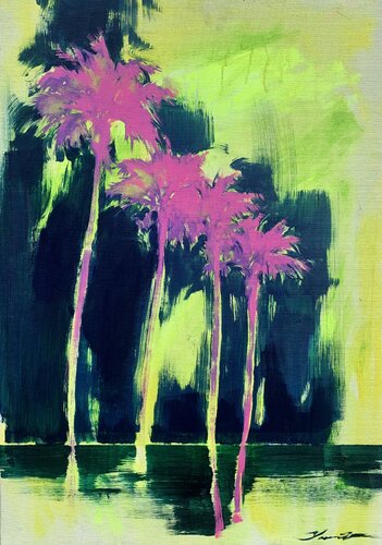 Yellow&Blue artwork - "Pink night" - Pop Art - Florida - California - Palms - Street Art - Expressionism - Sunset von Yaroslav Yasenev, Malerei kaufen auf Singulart