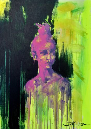 Big bright painting - "Pink light" - Expressionism - Girl - Neon Art - Portrait par Yaroslav Yasenev, Peinture en vente sur Singulart