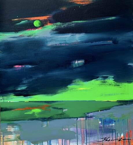 "Before the rain" - Expressionism - Minimalism - Seascape - Landscape - Dark blue - Bright green Yaroslav Yasenev
