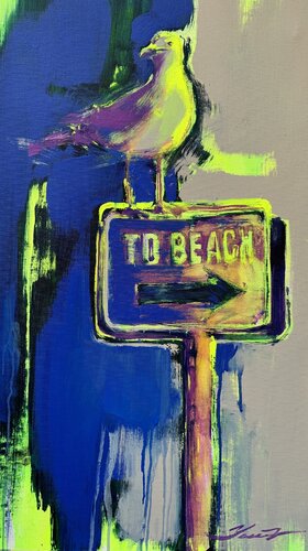 "To beach" - Vertical painting - Pop Art - Bird - Seagull - Miami - Purple&Yellow - Grey&Blue par Yaroslav Yasenev, Peinture en vente sur Singulart