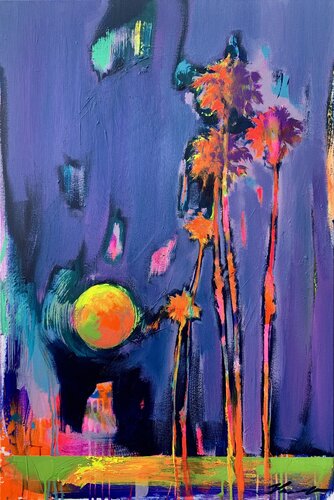 "Orange palms" - Pop Art - Florida - California - Street Art - Seascape - Expressionism - Sunset par Yaroslav Yasenev, Peinture en vente sur Singulart