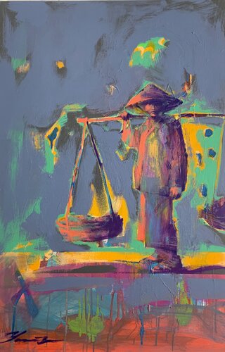 Bright painting - "Asian sunset" - Pop Art - Concept Art - Urban - Street Art - Asia - China - Grey&Yellow&Pink von Yaroslav Yasenev, Malerei kaufen auf Singulart