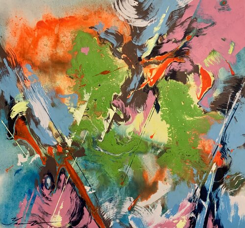 Abstract - "Pink fog" - Bright abstraction - Space - Reflection - Orange - Green - Blue par Yaroslav Yasenev, Peinture en vente sur Singulart
