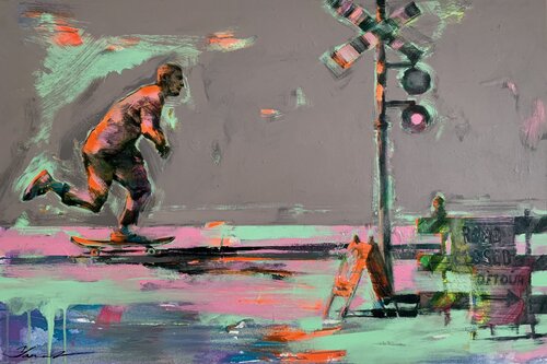 „Follow your dream“ - Skate - Urban - City - Pink&Grey par Yaroslav Yasenev, Peinture en vente sur Singulart