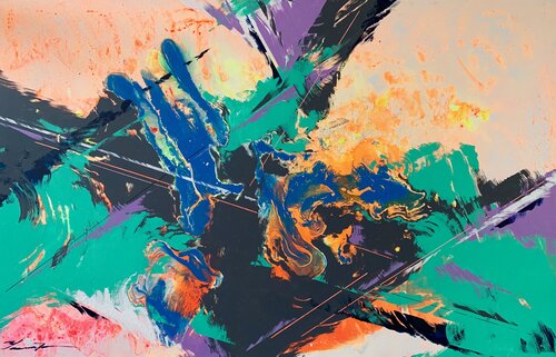 XXL Large abstract - "Orange sun" - Abstraction - Geometric - Space abstract - Big painting - Bright abstract - Grey&Green par Yaroslav Yasenev, Peinture en vente sur Singulart