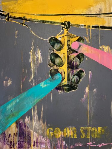 Big vertical painting - "GO OR STOP" - Pop Art - Street Art - Traffic light - Urban Art - Yellow&Grey von Yaroslav Yasenev, Malerei kaufen auf Singulart