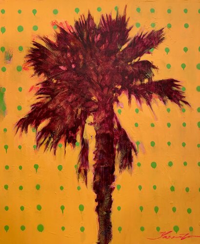 Bright Pop Art - „Green Rain“ - Palm - Sunset - California - Yellow&Green&Pink par Yaroslav Yasenev, Peinture en vente sur Singulart