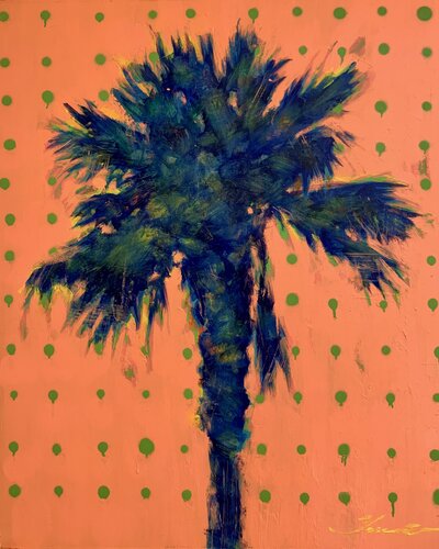 Bright Pop Art - „Green Rain 2 “ - Palm - Sunset - California - Yellow&Green&Pink par Yaroslav Yasenev, Peinture en vente sur Singulart