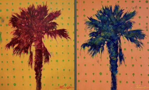 Huge bright diptych - „Yellow sun“ - Palms - Pop Art - Sea - Yellow&Orange Yaroslav Yasenev