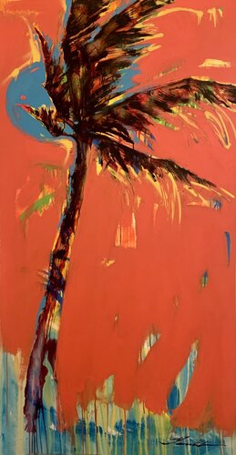 Big XXL artwork - "Orange palm" - Pop Art - Huge painting - Palm - Street Art - Large vertical painting - Nature - Miami - Sunset par Yaroslav Yasenev, Peinture en vente sur Singulart
