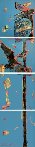 XXL Large Vertical Painting - "Pink seagull" - City - Street - Road sign - Blue&Yellow par Yaroslav Yasenev, Peinture en vente sur Singulart