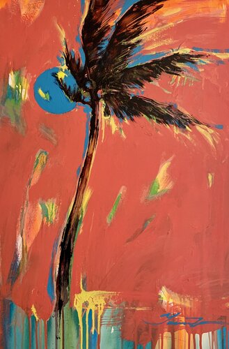 Bright artwork - "Pink palm" - Pop Art - Palm - Street Art - Large vertical painting - Nature - Miami - Sunset par Yaroslav Yasenev, Peinture en vente sur Singulart