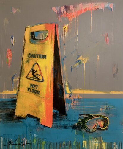 Bright summer painting - "Wet floor 2" - Pop Art - Pool - Palms - Landscape - California - Nature - Grey&Yellow par Yaroslav Yasenev, Peinture en vente sur Singulart