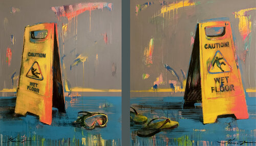 Big XXL artwork - "Swimming pool" - Pop Art - California - Diptych - Florida - Grey&Yellow Yaroslav Yasenev