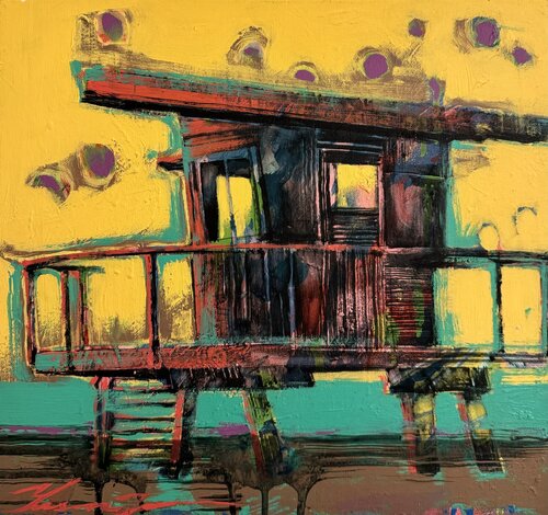 Small bright seascape - "Yellow morning" - Pop Art - Ocean - Sunset - California - Yellow&Green Yaroslav Yasenev