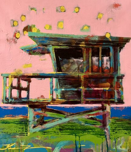 Bright expressive seascape - "Evening ocean" - Pop Art - Miami - Sunset - Pink&Blue&Green par Yaroslav Yasenev, Peinture en vente sur Singulart