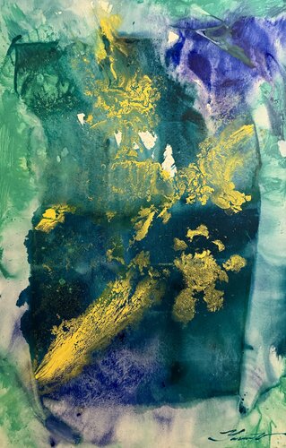 XXL Large Vertical Abstract - "Green Lake" - Expressionistic Abstract - Minimalistic Abstraction - Blue&Green&Yellow von Yaroslav Yasenev, Malerei kaufen auf Singulart