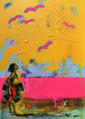 Bight painting - "Girl and pink seagulls" - Girl with float - Seascape - Expressive - Pink&Yellow par Yaroslav Yasenev, Peinture en vente sur Singulart