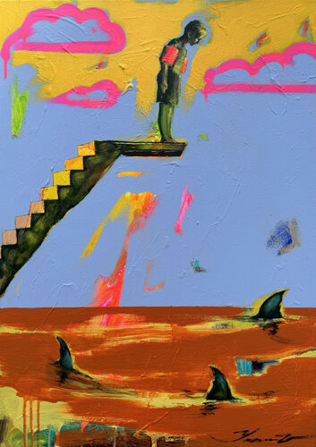 Bright sunset - "Sharks party" - Blue&Yellow - Expressive - Seascape - Minimalistic par Yaroslav Yasenev, Peinture en vente sur Singulart
