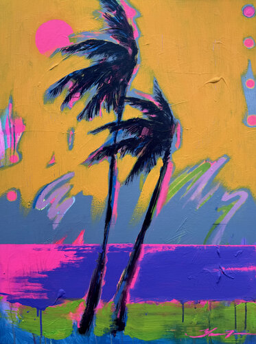 "Pink reflection" - Palms - Sunset - Pop Art - Yellow Pink - California - Florida - Miami par Yaroslav Yasenev, Peinture en vente sur Singulart