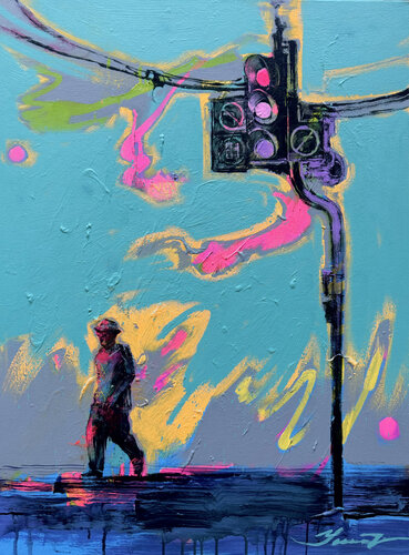 Purple Traffic Light - Urban art - Pop Art - Blue Yellow - Pink - New York par Yaroslav Yasenev, Peinture en vente sur Singulart