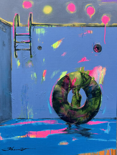 I thought the pool is ready for summer - Small boy - Pop Art - Yellow Pink - Los Angeles - Miami de Yaroslav Yasenev, Pintura a la venta en Singulart