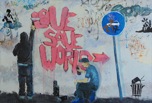XXXL Large Painting - "Love save the world" - Graffiti - Street art - Bright painting - Urban - Street scene by Yaroslav Yasenev, Painting for Sale on Singulart
