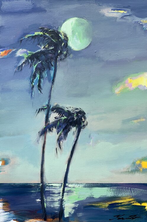 Delicate painting - "Green moon" - Pop Art - palms and sea - night seascape - 2022 Yaroslav Yasenev