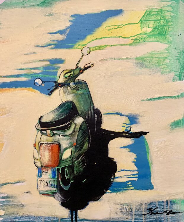 Bright motorbike - "Italian summer day" - Sunrise - Pop Art - Moped - Expressionism Yaroslav Yasenev