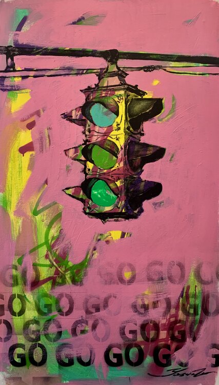 Pink vertical painting - "GO" - Pop Art - Street Art - Traffic light - Urban Art Yaroslav Yasenev