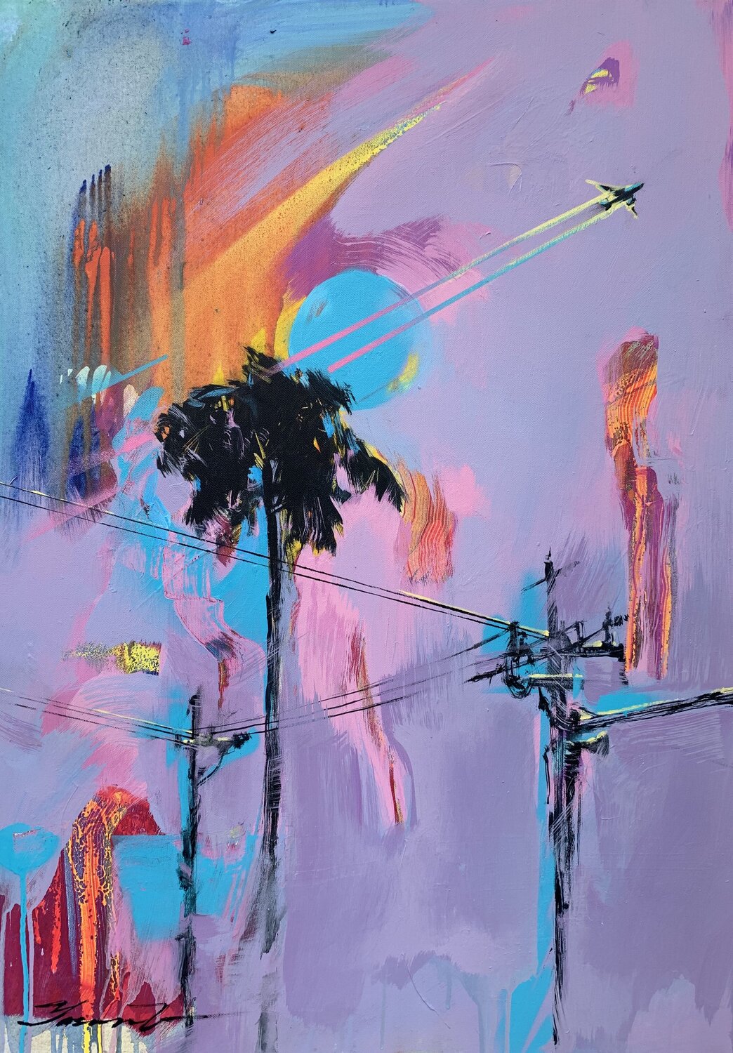 Pink artwork "Flight to Los Angeles" Pop Art Violet painting Palm Street Art