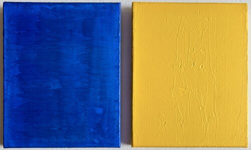 Abstrakte Malerei blau und gelb. Das Meer und die Sonne. van Thomas Peter Kausel, Schilderij te koop op Singulart