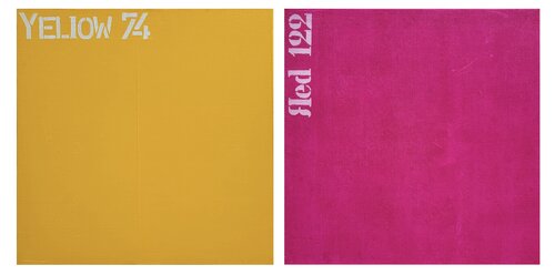 Abstrakte Malerei Gelb und Magenta van Thomas Peter Kausel, Schilderij te koop op Singulart
