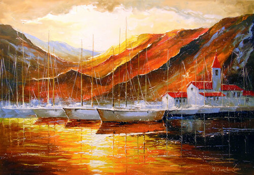 Yachts in the mountain harbor van Olha Darchuk, Schilderij te koop op Singulart