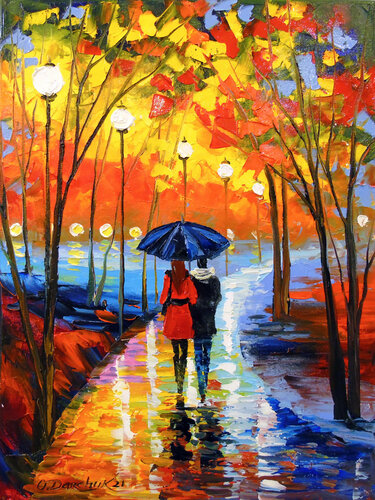 Romantic walk in the park by the lake di Olha Darchuk, Pittura in vendita su Singulart