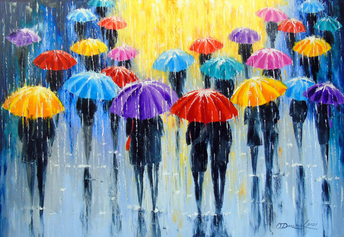 Rain in colorful umbrellas di Olha Darchuk, Pittura in vendita su Singulart