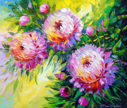 Peonies in the sunbeam van Olha Darchuk, Schilderij te koop op Singulart