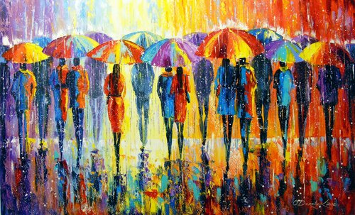 Lovers notice not rain, but multi-colored umbrellas di Olha Darchuk, Pittura in vendita su Singulart