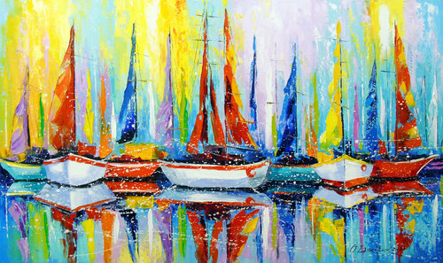 Sailboats by the pier di Olha Darchuk, Pittura in vendita su Singulart