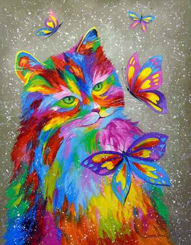 The rainbow cat and butterflies von Olha Darchuk, Malerei kaufen auf Singulart