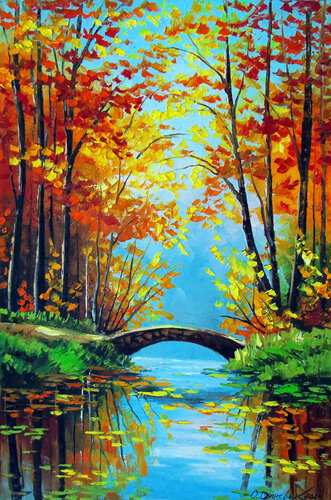 Autumn Pond with Bridge van Olha Darchuk, Schilderij te koop op Singulart