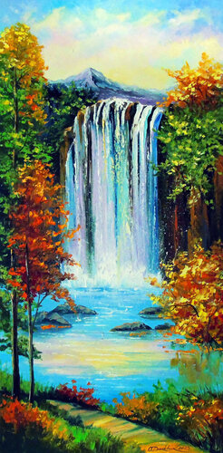Mountain waterfall by the lake di Olha Darchuk, Pittura in vendita su Singulart