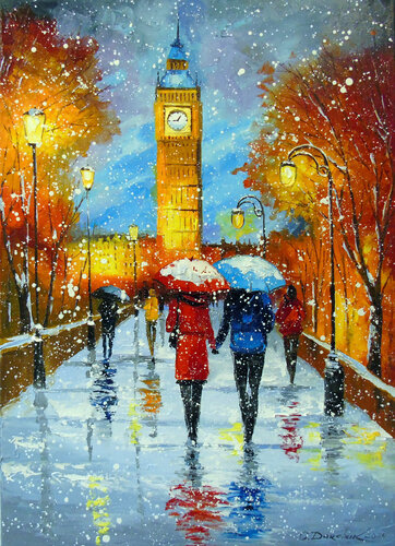 Romantic snowfall in London de Olha Darchuk, Pintura a la venta en Singulart