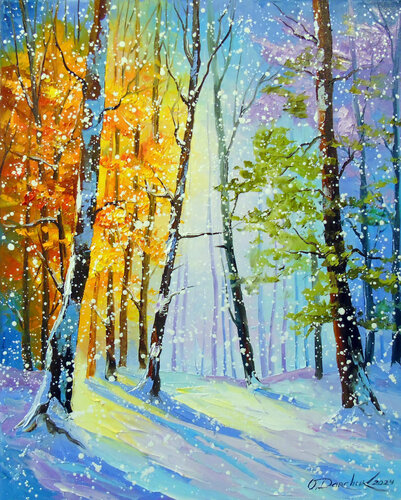 Morning snowfall in the forest de Olha Darchuk, Pintura a la venta en Singulart