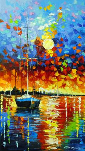 Bay Harmony: Sunset and Sailboats de Olha Darchuk, Pintura a la venta en Singulart